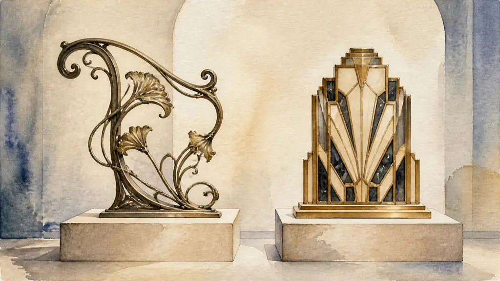 Editorial museum display showing a sinuous asymmetrical Guimard-style metal ornament beside a geometric Art Deco object with stepped edges and repeated angular patterns, soft gallery lighting, no text, no logo