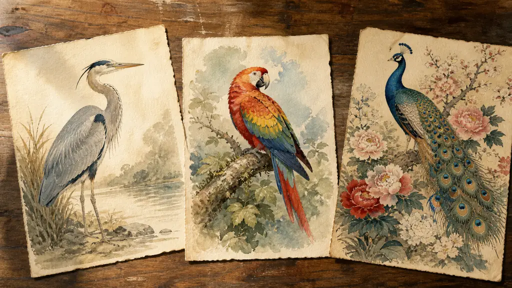 Editorial photograph of three antique bird prints arranged on a wooden table, featuring a scientific heron plate, a brightly colored exotic parrot, and a Meiji-era floral peacock composition, soft museum light, no visible text or logos