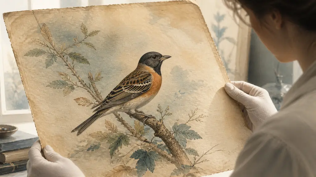 Editorial close-up photograph of an antique hand-colored bird print on laid paper, showing fine copperplate feather lines, subtle watercolor variations, and a conservator examining the sheet against soft window light, no text or logos