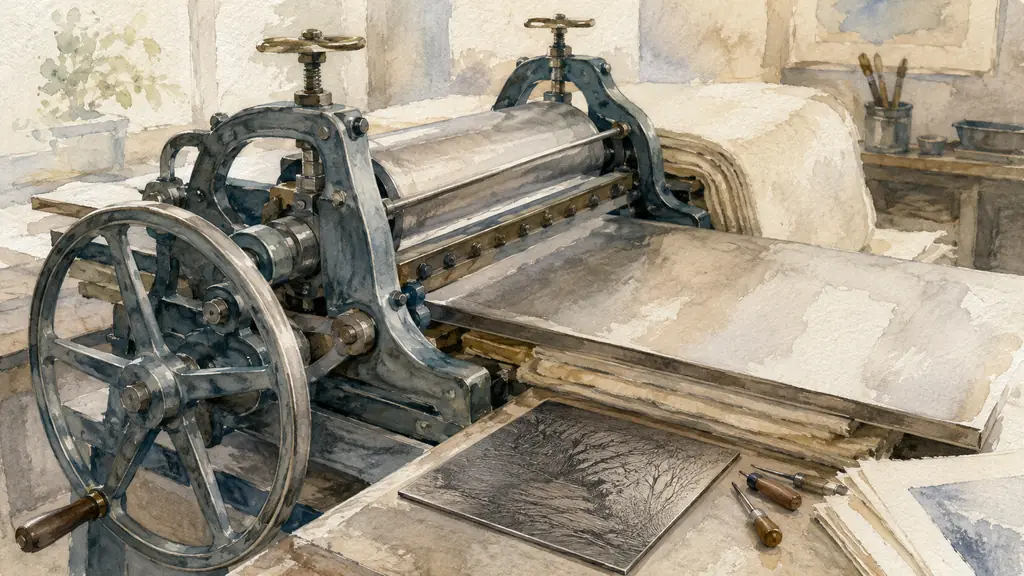 Editorial photograph of a T1000 AA/100-A intaglio press in a printmaking workshop, close view of the blade-driven mechanism, felt blankets and an engraved plate arranged beside the press, no text, no logo