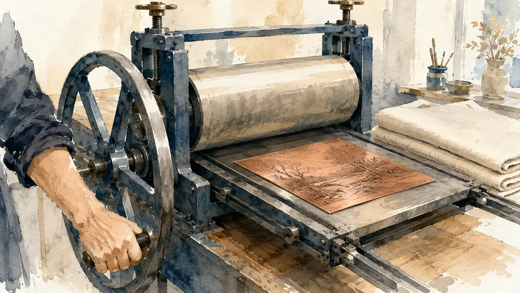 Editorial photograph of a hand turning the large flywheel of a T560 AV/150-V printmaking press, with a copper engraving plate aligned on the moving bed and clean felt blankets folded nearby, no text, no logo
