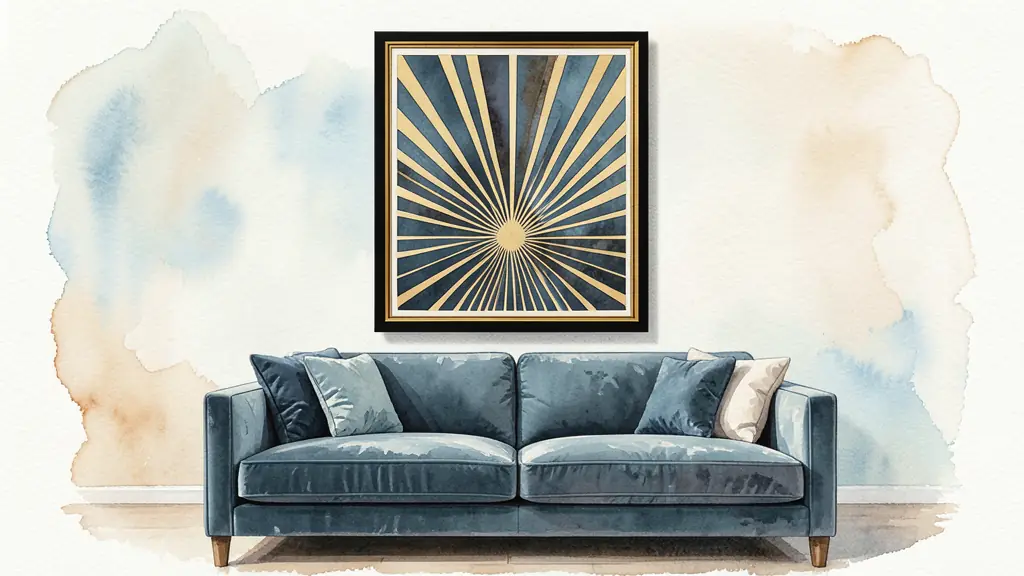 A high-end living room interior with a large Art Deco poster featuring geometric sunburst patterns, framed in a sleek black and gold wooden frame, placed above a velvet sofa.