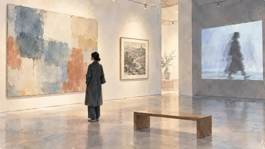 editorial gallery scene with a large canvas of broad colored fields, a framed engraving with tightly incised lines, and a nearby video projection showing a moving silhouette, no text, no logo