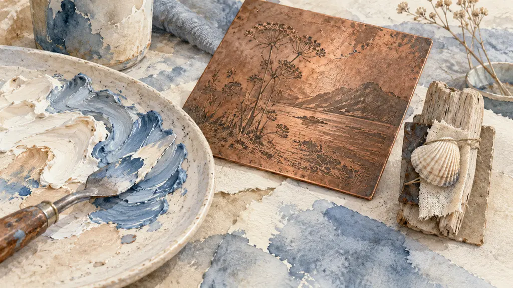 close-up editorial photograph of thick paint ridges made with a palette knife beside an inked etched copper plate and an everyday object fixed within a small assemblage, no text, no logo