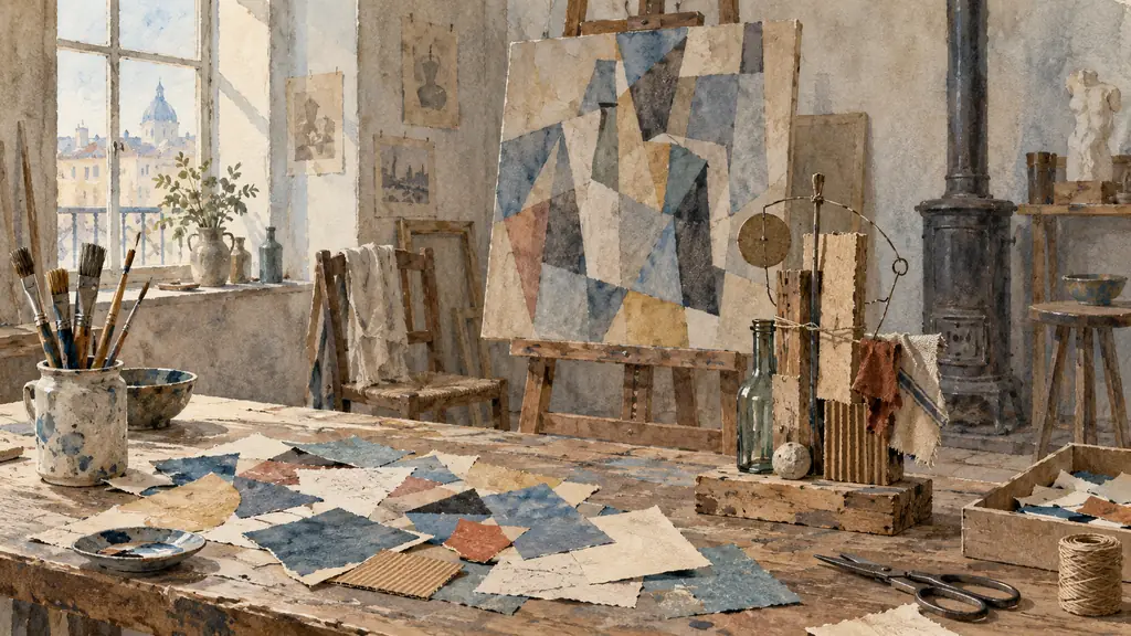 Editorial photograph of an early twentieth-century artist studio with a fragmented cubist canvas, painted paper collage pieces on a wooden table, and a small found-object assemblage in natural window light, no text, no logo
