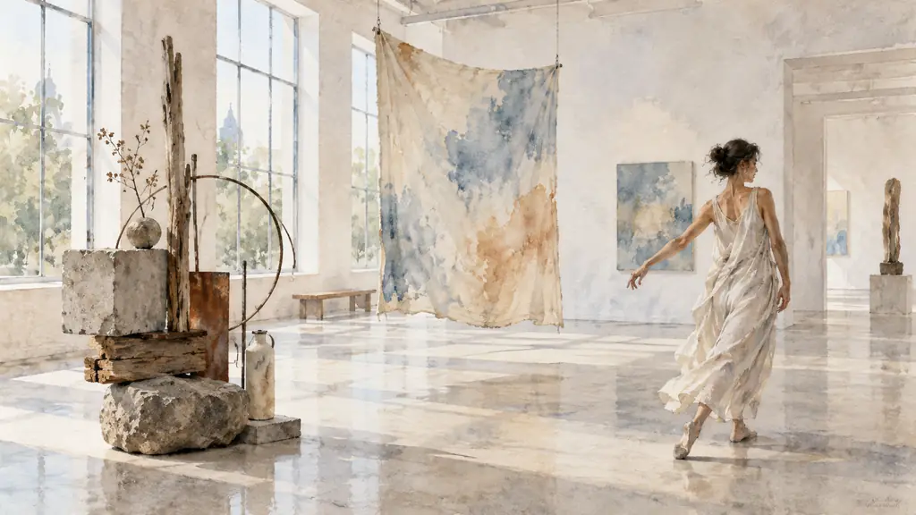 Editorial photograph inside a contemporary gallery showing a found-object assemblage, an unstretched painted canvas suspended nearby, and a performer moving through the exhibition space, natural light, no text, no logo