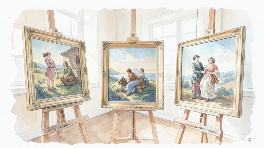 Visitor studying three paintings of different formats in a quiet studio, visible brush textures and shifting natural light, editorial photography, no text or logo