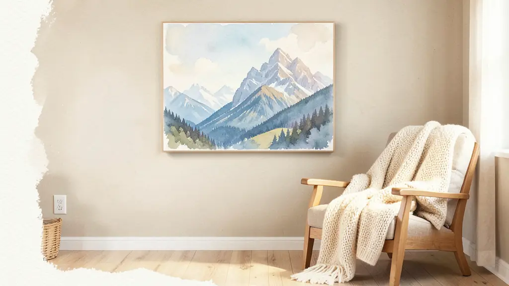 Tableau de paysage de montagne sur un mur neutre avec un fauteuil en bois et un plaid en laine