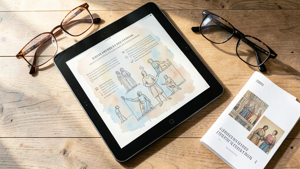 Liseuse numérique affichant un livre d'histoire de l'art sur une table en bois avec des lunettes