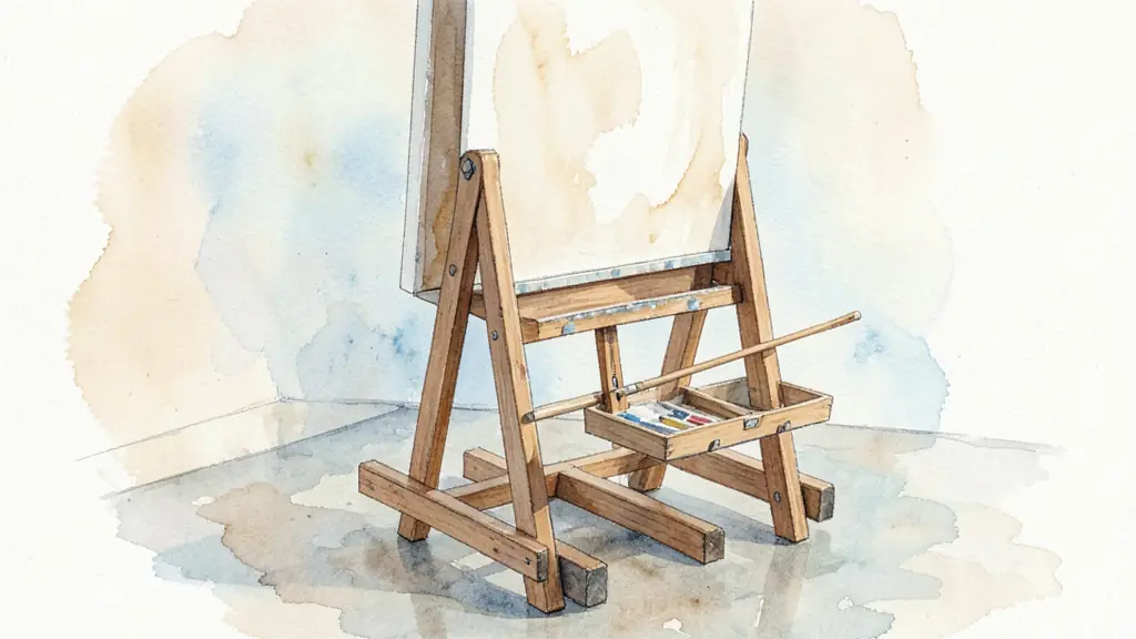 Chevalet d'atelier en bois massif avec cadre en H et plateau réglable supportant une grande toile