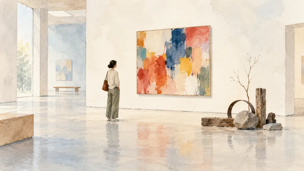 editorial photograph of a museum visitor observing a colorful abstract painting beside a floor installation made from found materials, quiet gallery light, no text, no logo