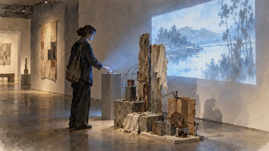 editorial photograph of a visitor activating a projected digital image beside an installation of found materials, dim gallery light, no text, no logo