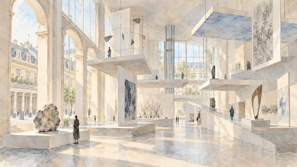 Interior of Fondation Cartier Palais-Royal showing mobile exhibition platforms, dramatic height variations and daylight entering through large openings