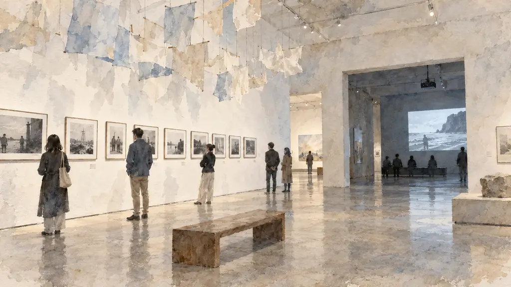 Visitors observing a series of photographs beside a suspended installation while a film projection glows in an adjacent gallery