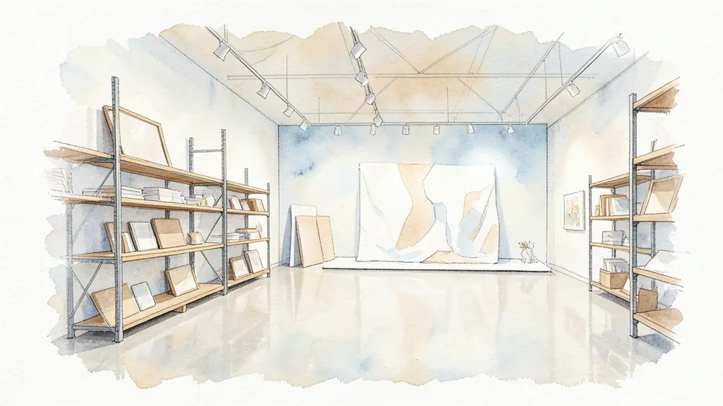 Editorial photograph of a contemporary exhibition gallery adjoining visible art storage racks, with a large installation and carefully controlled lighting, no text or logo