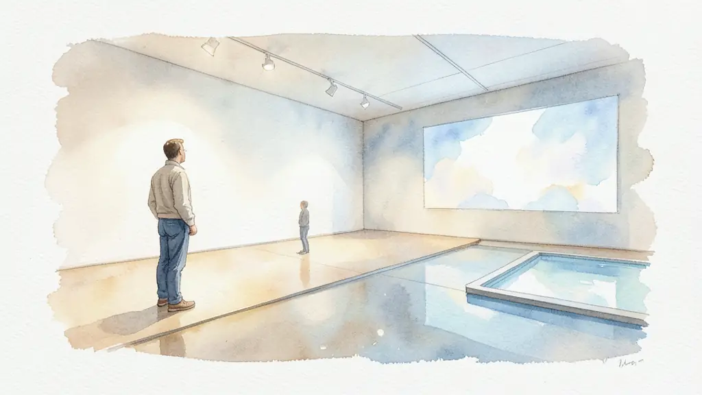Editorial photograph of a visitor observing a floor installation beside a video projection, with open gallery circulation and contrasting pools of light, no text or logo