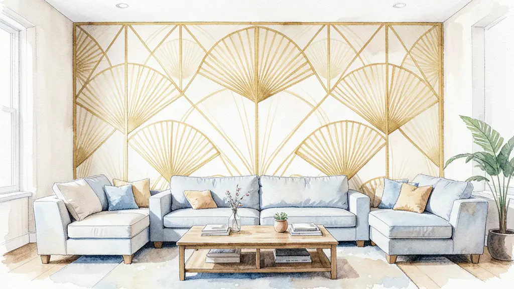Editorial photography of a living room featuring a focal wall with gold fan-shaped patterns and symmetrical geometric lines, high contrast, sophisticated atmosphere