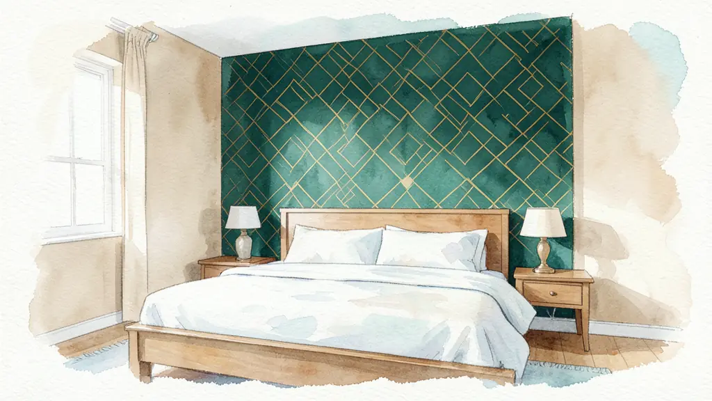 Editorial photography of a bedroom with a single accent wall in deep emerald green and gold geometric patterns, contrasting with neutral beige walls and soft lighting