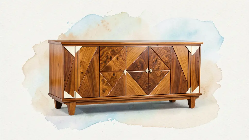 A high-end Art Deco sideboard made of sycamore wood with polished finish, featuring geometric lines and small ivory inlays, editorial photography, neutral background