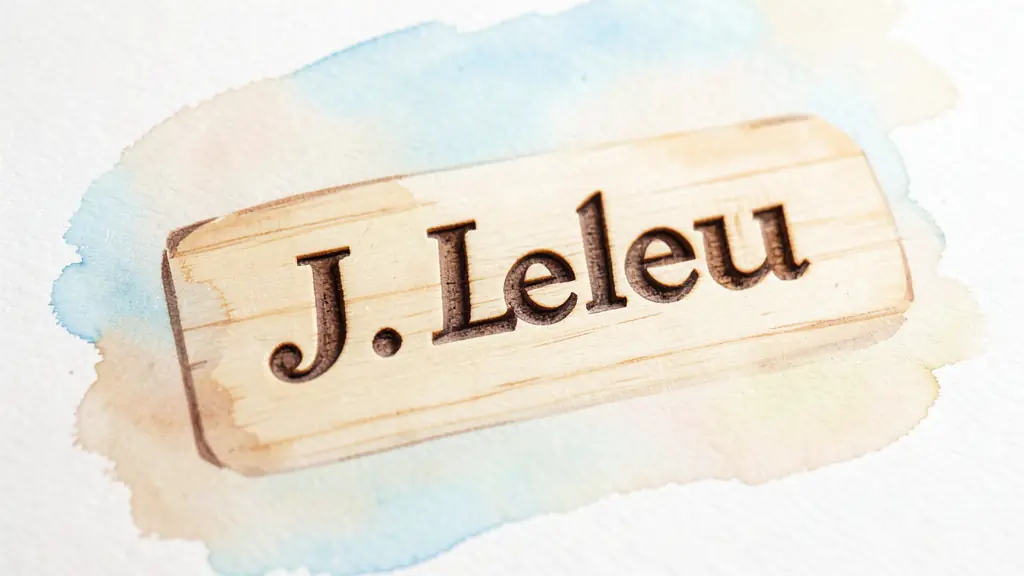 Close-up of a vintage wooden furniture stamp reading J. Leleu, carved into light-colored sycamore wood, professional macro photography, soft lighting
