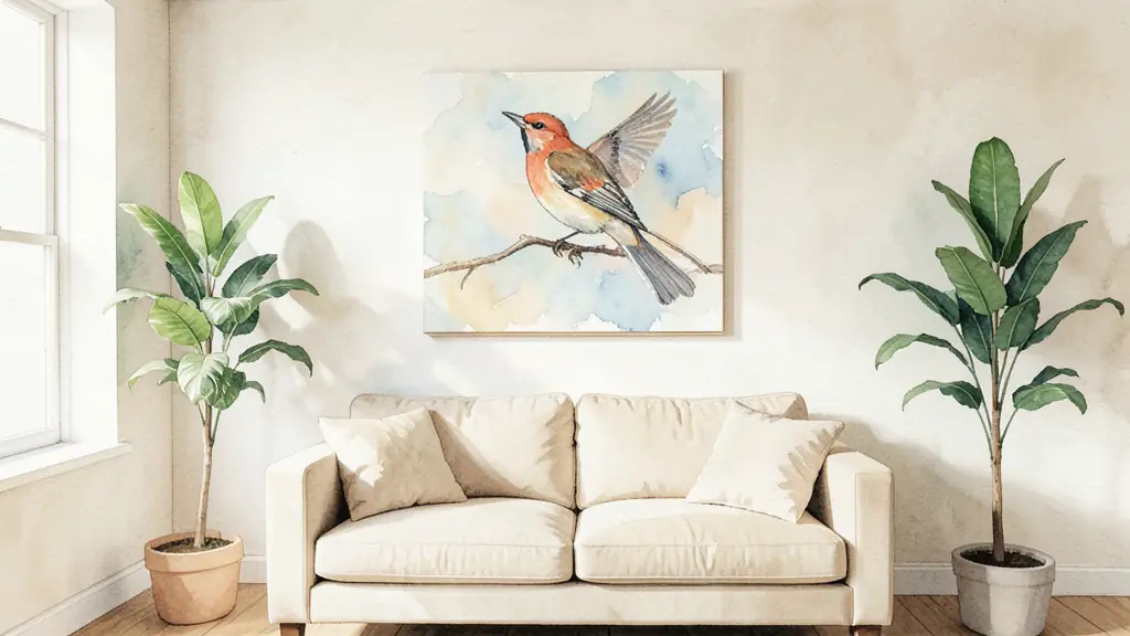 Tableau d'oiseau centré au-dessus d'un canapé beige dans un salon lumineux