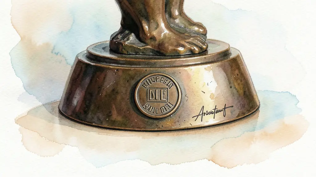 Détail de la base d'une sculpture en bronze avec le sceau de la fonderie et la signature de Max Le Verrier