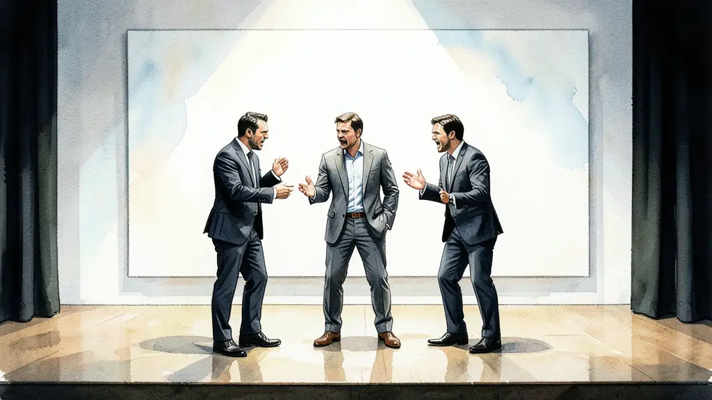 Scène de théâtre minimaliste : trois hommes en costume contemporain se disputant, grande toile blanche sur un mur blanc
