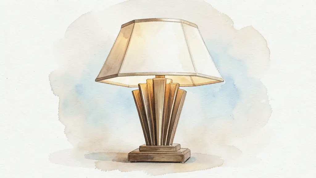 Editorial photography of a vintage Art Deco lamp with stepped geometric base, symmetrical design, and streamlined curves, soft studio lighting, neutral background