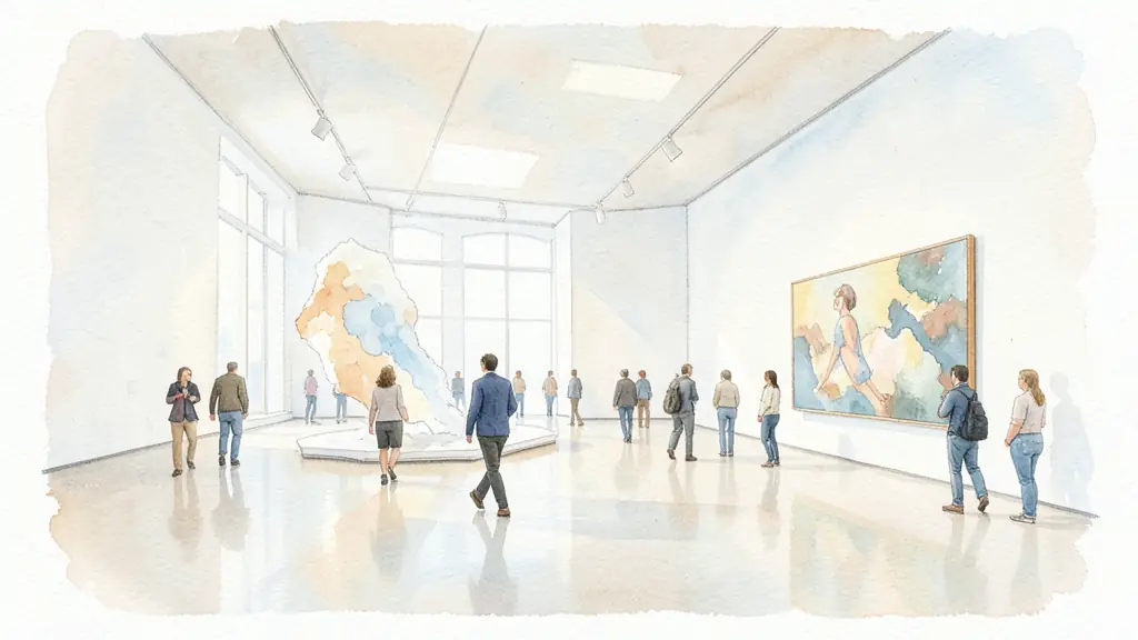 <Editorial photography of a contemporary art exhibition in a spacious white gallery, showing a large scale installation and a painting on the wall, visitors walking through the space, soft natural light>