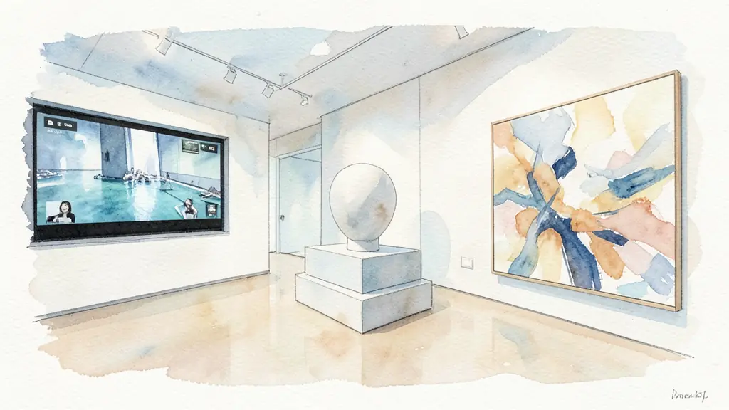 <Editorial photography of a variety of contemporary art mediums, including a video screen installation, a minimalist sculpture, and a large abstract painting in a modern museum setting>