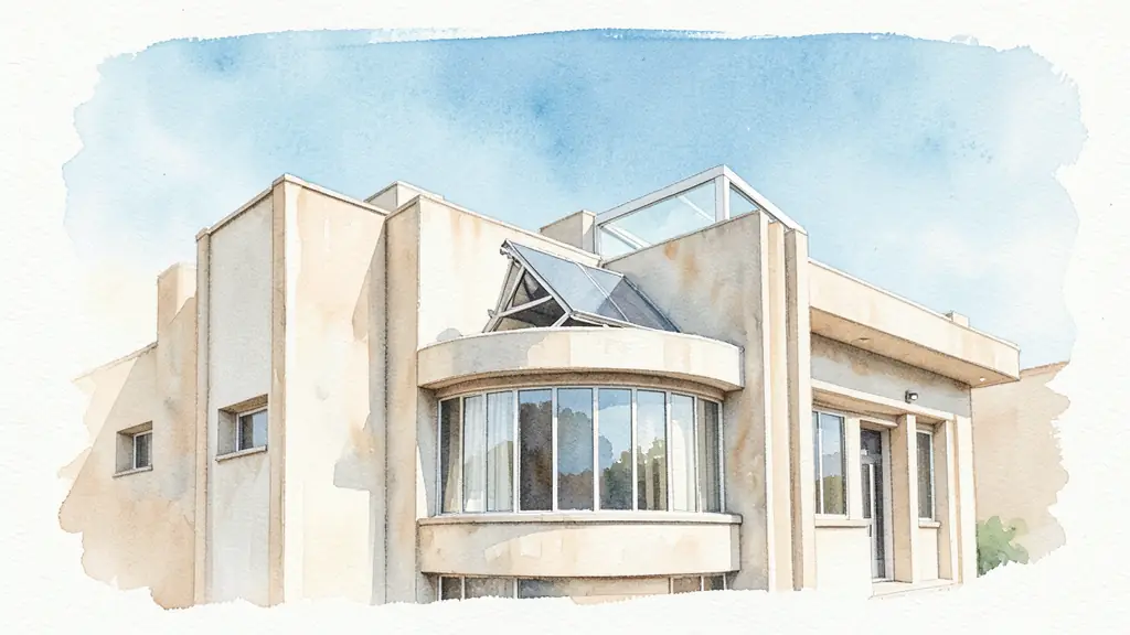 Façade de villa Art déco des années 1930 avec structure géométrique, bow-window et solarium sur le toit