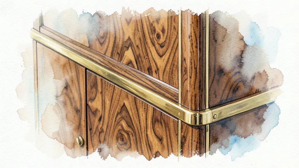 Editorial photograph of a detail of an Art Deco cabinet showing burl walnut wood and polished brass ferrules, soft lighting, high contrast texture