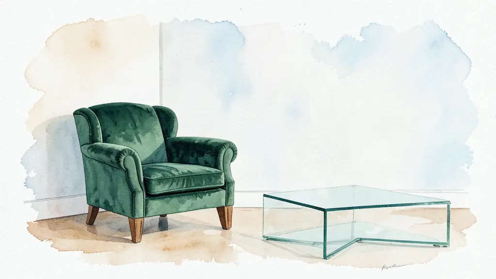 Interior design shot of a modern living room featuring a vintage Art Deco velvet armchair in emerald green next to a minimalist white wall and a contemporary glass coffee table
