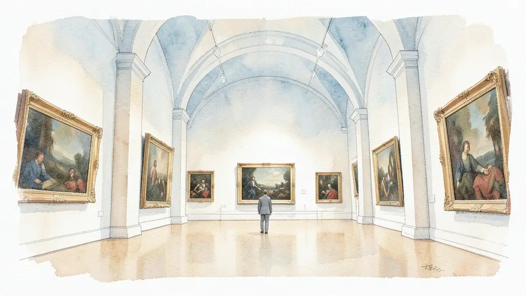 Editorial photograph of a museum gallery interior with high architectural volumes, framed paintings and a solitary visitor, no text, no logo