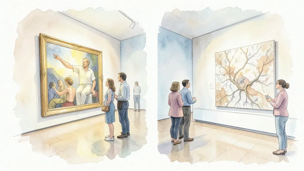 Editorial photograph of visitors comparing a luminous painting and a textured modern artwork in adjoining museum rooms, no text, no logo