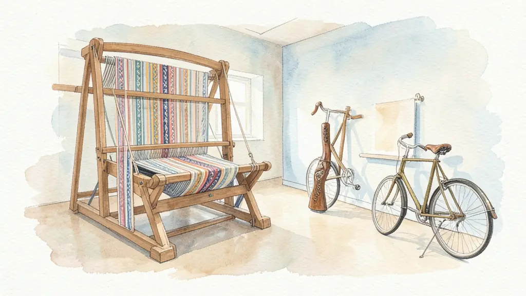 museum gallery displaying a patterned ribbon loom, an engraved firearm stock and an early bicycle frame, soft natural lighting, no text or logo