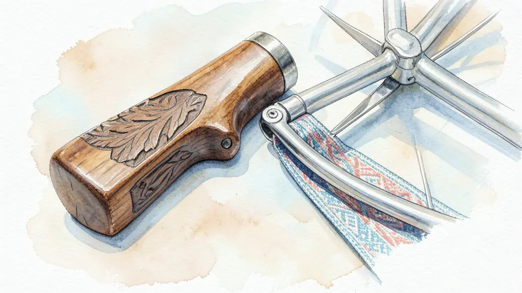 close-up museum study of a carved wooden gunstock beside a bicycle frame and finely woven patterned ribbon, visible material textures, no text or logo