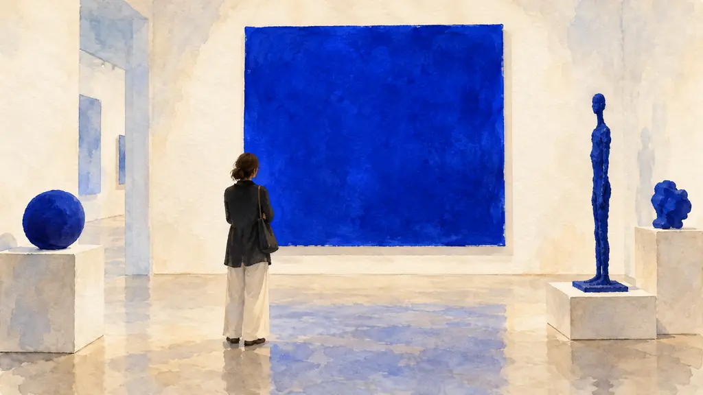 Editorial museum photograph showing an Yves Klein gallery, a visitor facing an intense blue artwork, and adjacent sculptural objects, no text or logo