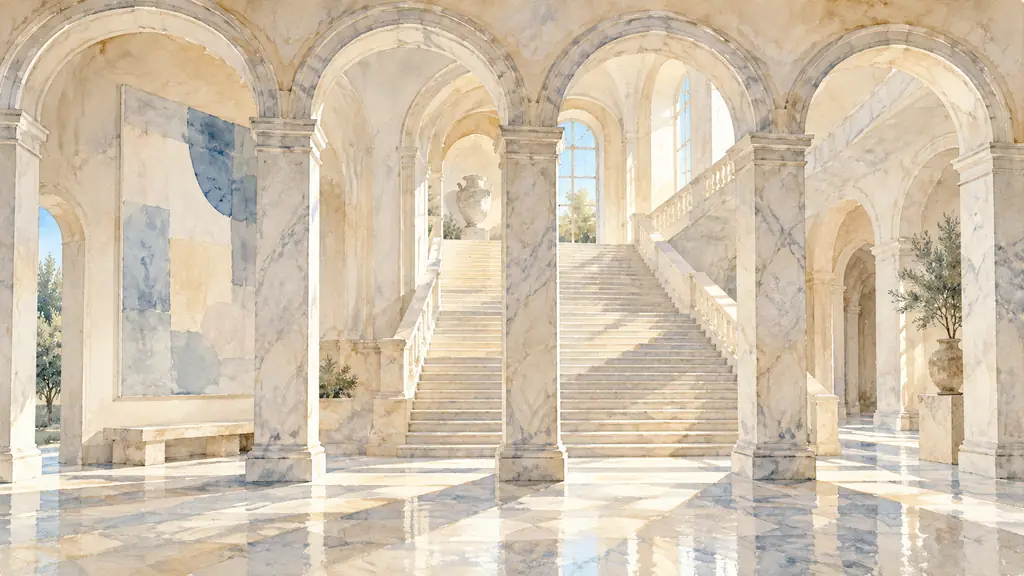 Editorial architectural photograph of four monumental marble arches, a sunlit museum staircase, and an artwork integrated into the wall, no text or logo