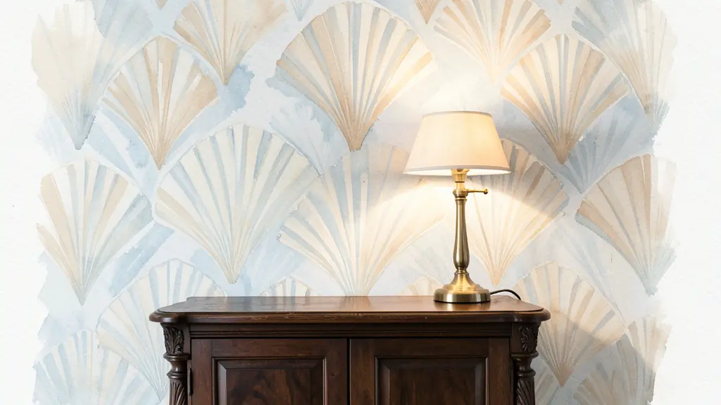 elegant interior with symmetrical fan-pattern wallpaper, dark wood console and brass lamp