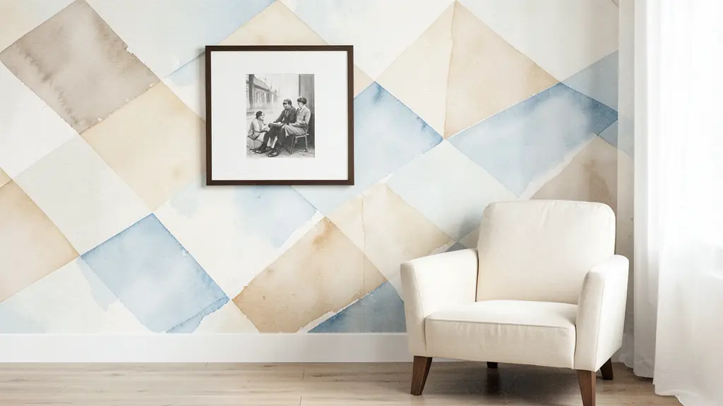 refined living room with muted geometric panoramic wallpaper, framed monochrome print and simple cream armchair