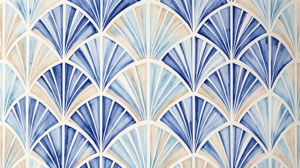 Editorial interior photograph of an Art Deco wallpaper with layered fan shapes, deep blue tones and aligned geometric repeats