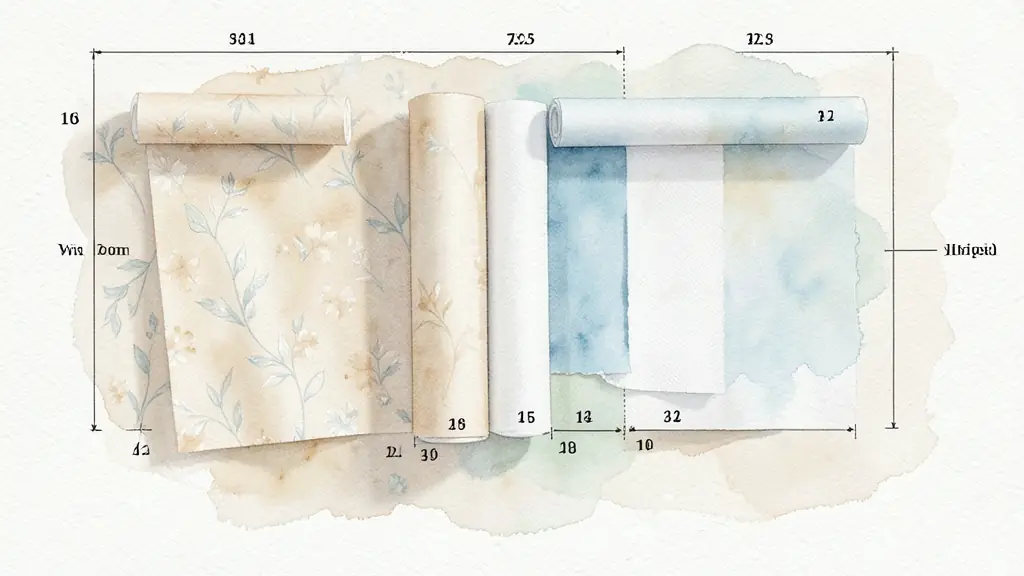 Editorial photograph of wallpaper samples on a measured wall, daylight revealing surface texture and numbered rolls prepared for hanging
