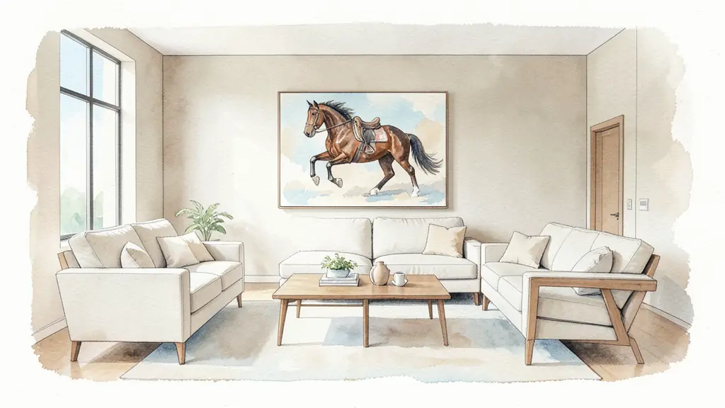 Peinture équestre grand format installée sur un mur neutre dans un salon moderne et lumineux