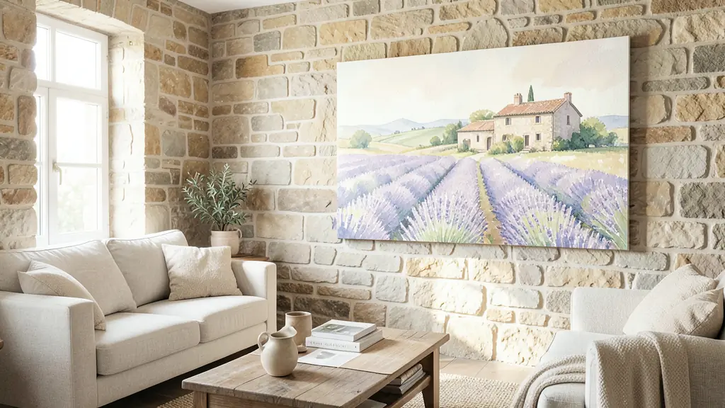 Tableau de paysage de Provence avec champs de lavande exposé dans un salon aux murs en pierre