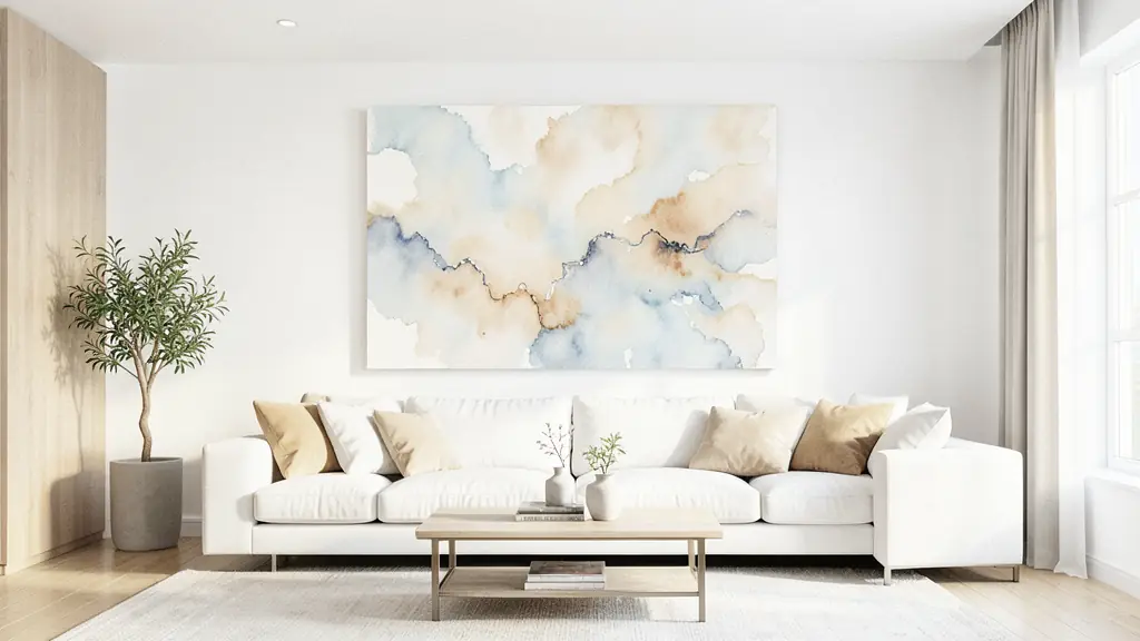 A bright modern living room with a large original painting on a white wall, focused lighting highlighting the canvas texture, interior design photography