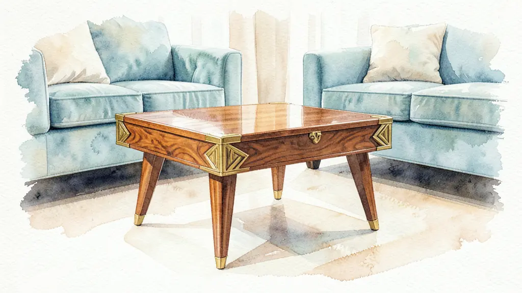 Table basse Art déco aux pieds effilés et veinage marqué près d'un canapé en velours dans un salon lumineux