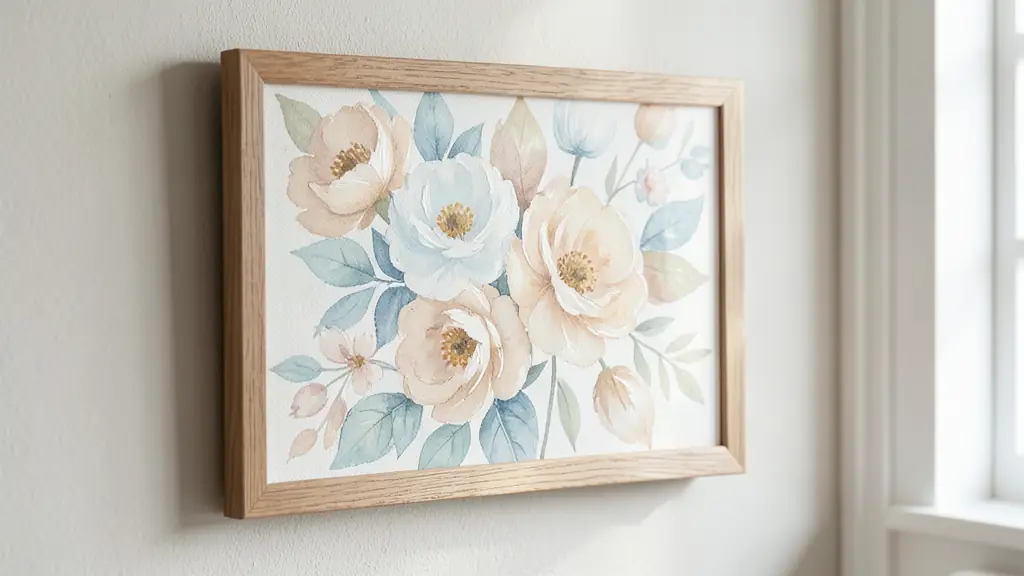 Tableau avec des fleurs en peinture sur toile accroché au mur d'un salon avec des coups de pinceau détaillés