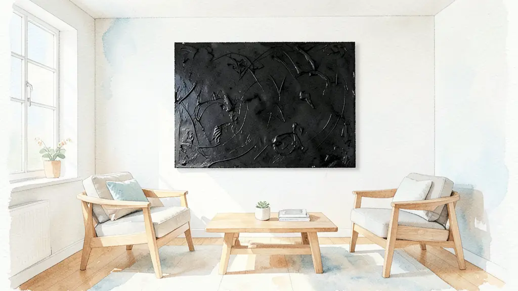 Grand tableau abstrait monochrome noir texturé sur un mur blanc dans un salon moderne