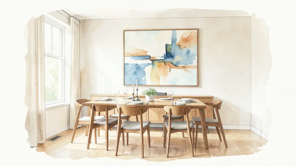 Grand tableau abstrait centré au-dessus d'un buffet en bois dans une salle à manger lumineuse